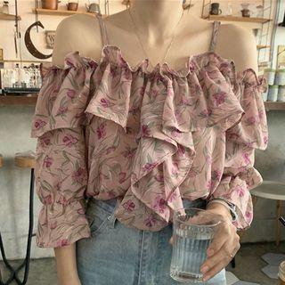 Floral Print Cold-shoulder 3/4-sleeve Chiffon Blouse