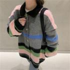 Collared Striped Cardigan Gray - One Size