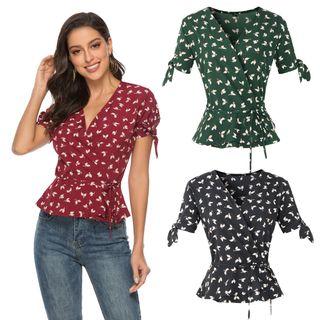 Short-sleeve Printed Wrap Top