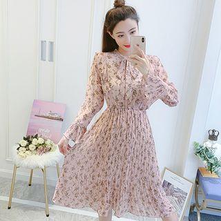 Long-sleeve Ruffled Floral A-line Midi Dress