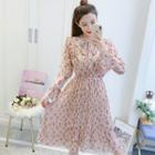 Long-sleeve Ruffled Floral A-line Midi Dress
