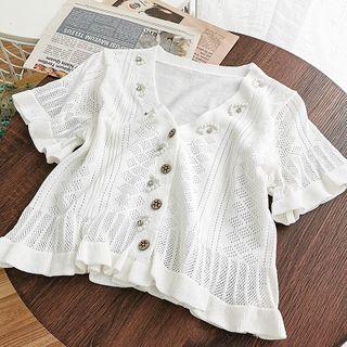 Short-sleeve Embellished Buttoned Knit Top