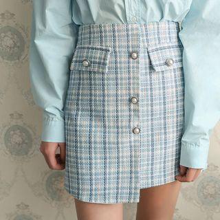 Asymmetric-hem Checked Tweed Miniskirt