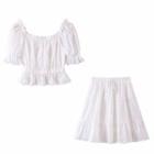 Set: Puff-sleeve Off-shoulder Lace Crop Top + Tiered Mini A-line Skirt