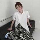 Short-sleeve Slit T-shirt / Argyle Print Wide Leg Pants