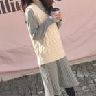 Set: Mock-neck Long-sleeve Dress + Knit Vest