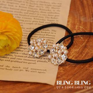 Faux-pearl Rhinestone Hair Tie Gold - One Size