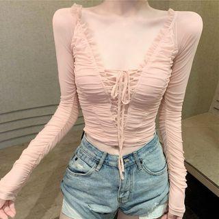 Long-sleeve Lace-up Mesh Top Pink - One Size