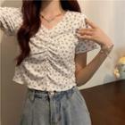 Lace Trim Floral Ruched Cropped Top