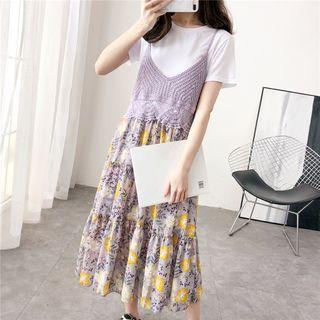 Set: Sleeveless Floral Chiffon Dress + T-shirt