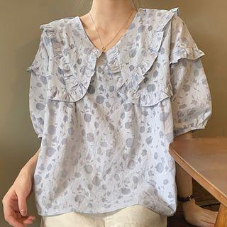 Peter Pan-collar Ruffle Trim Panel Floral Blouse