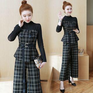 Set: Mock Two-piece Plaid Long-sleeve Top + Wide-leg Pants