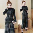 Set: Mock Two-piece Plaid Long-sleeve Top + Wide-leg Pants