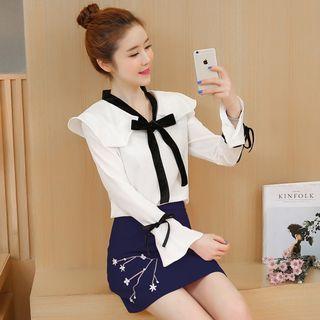 Set: Bow Neck Chiffon Blouse + Fitted Skirt