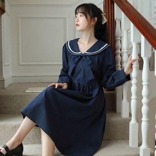 Long-sleeve Sailor Collar Bow Midi A-line Dress