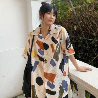 Elbow-sleeve Print Shirt Xx-2010 - White & Black & Yellow - One Size