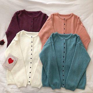 Plain Single-breasted Crewneck Long-sleeve Cardigan