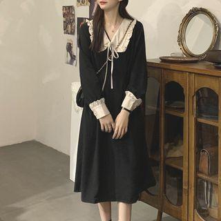 Puff-sleeve Ruffle Collared Midi A-line Dress