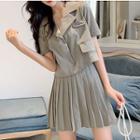 Set: Short-sleeve Cropped Shirt + Mini Pleated Skirt