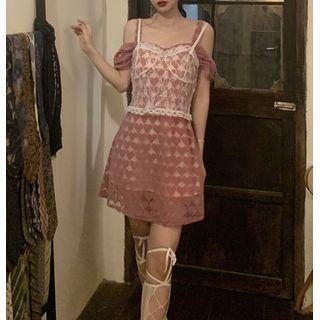 Off-shoulder Heart Printed Dress / Lace Trim Mesh Camisole