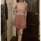 Off-shoulder Heart Printed Dress / Lace Trim Mesh Camisole