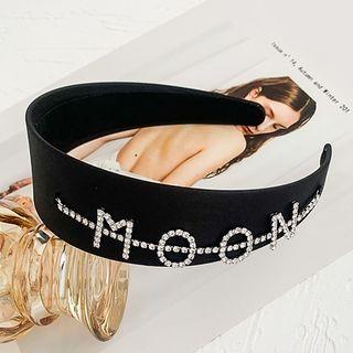 Rhinestone Lettering Wide Hair Band Black - One Size