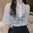Elbow-sleeve Lace Polo Shirt 8300 - As Shown In Figure - One Size