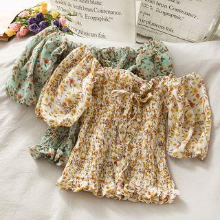 Boatneck Lace-up Floral Crop Top