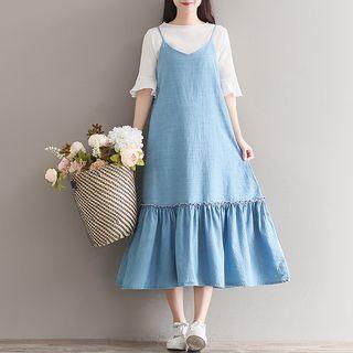 Ruffle Hem Spaghetti Strap Denim Dress