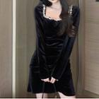 Long-sleeve Rhinestone A-line Velvet Dress