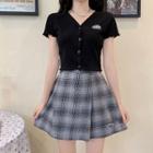 V-neck Single-breasted Cardigan / Plaid High-waist Skirt
