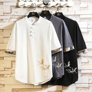 Crane Embroidered Frog-button Top