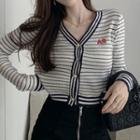 Long-sleeve Striped Knit Top Black Stripe - White - One Size