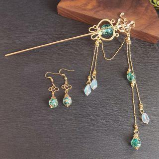 Retro Faux Crystal Hair Stick / Dangle Earring / Set