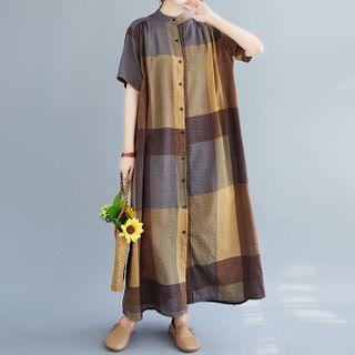 Short-sleeve Plaid Stand Collar A-line Maxi Shirtdress Plaid - One Size