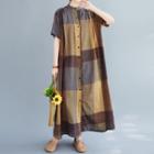 Short-sleeve Plaid Stand Collar A-line Maxi Shirtdress Plaid - One Size