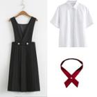 Short-sleeve Shirt / Pleated A-line Overall Dress / Tie / Set
