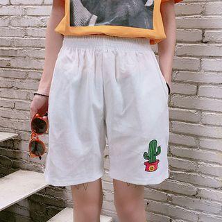 Cactus Embroidered Corduroy Wide Leg Shorts