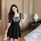 Mock Two-piece Short-sleeve Lace Trim Mini A-line Dress
