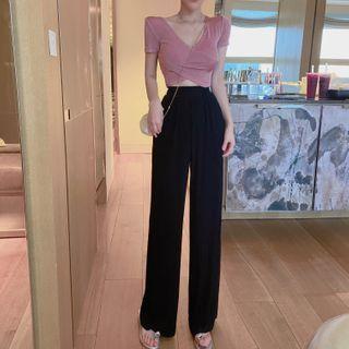 Glitter Crisscross Short-sleeve Cropped Top / Wide-leg Pants