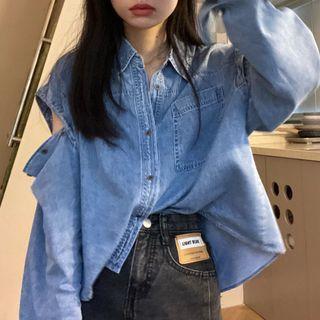 Long-sleeve Cold-shoulder Loose-fit Denim Shirt Light Blue - One Size
