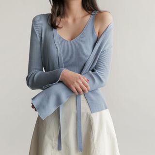 Set: Tie-front Ribbed Cardigan + Spaghetti-strap Top
