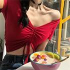 Plain V-neck Slim-fit Short-sleeve Cropped Top