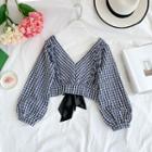 Long-sleeve Plaid Cropped Top