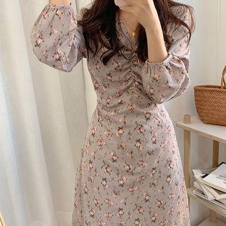 Long-sleeve Crinkled Floral-print Midi A-line Dress