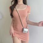Contrast-trim Bodycon Short-sleeve Dress Orange Pink - One Size