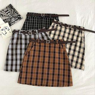 Color-block Check High-waist Skirt With Belt