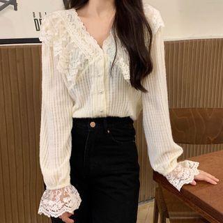 Bell-sleeve V-neck Lace Trim Blouse White - One Size