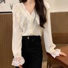Bell-sleeve V-neck Lace Trim Blouse White - One Size