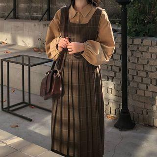 Balloon-sleeve Shirt / Plaid Midi Jumper Dress